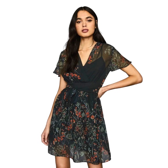 Reiss Dresses & Skirts - NWOT REISS Sadie Sheer Black Short Sleeves Flowy Floral Printed Mini Dre…